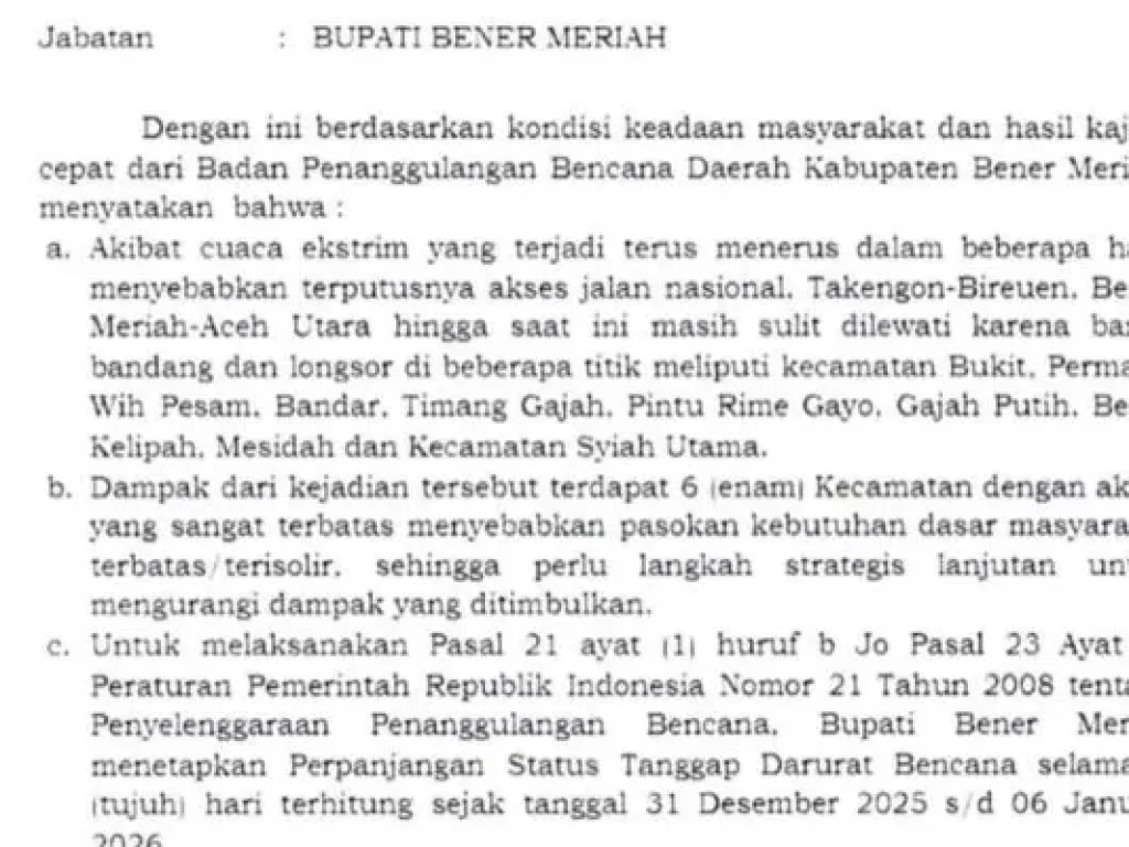 Surat perpanjangan Status Tanggap Darurat Bencana hingga 6 Januari 2026. (Ist)